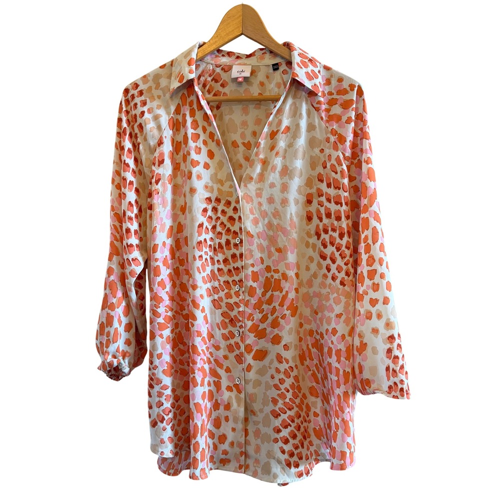 Cabi Women's Orange Pink Abstract Print Button Front 3/4 Sleeve Flowy Blouse M